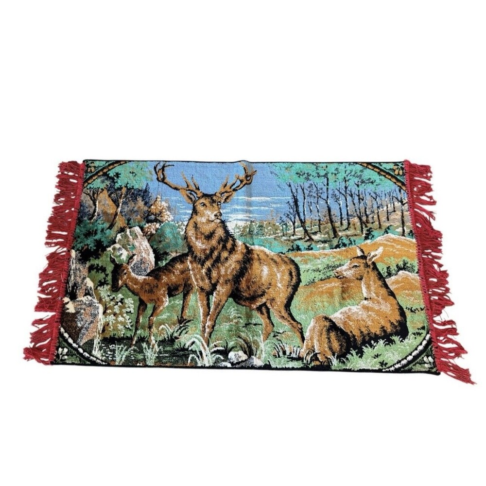 Vintage 1960 Sovali Stag Deer Forest Scene Tapestry Rug Wall Decor France 39x21